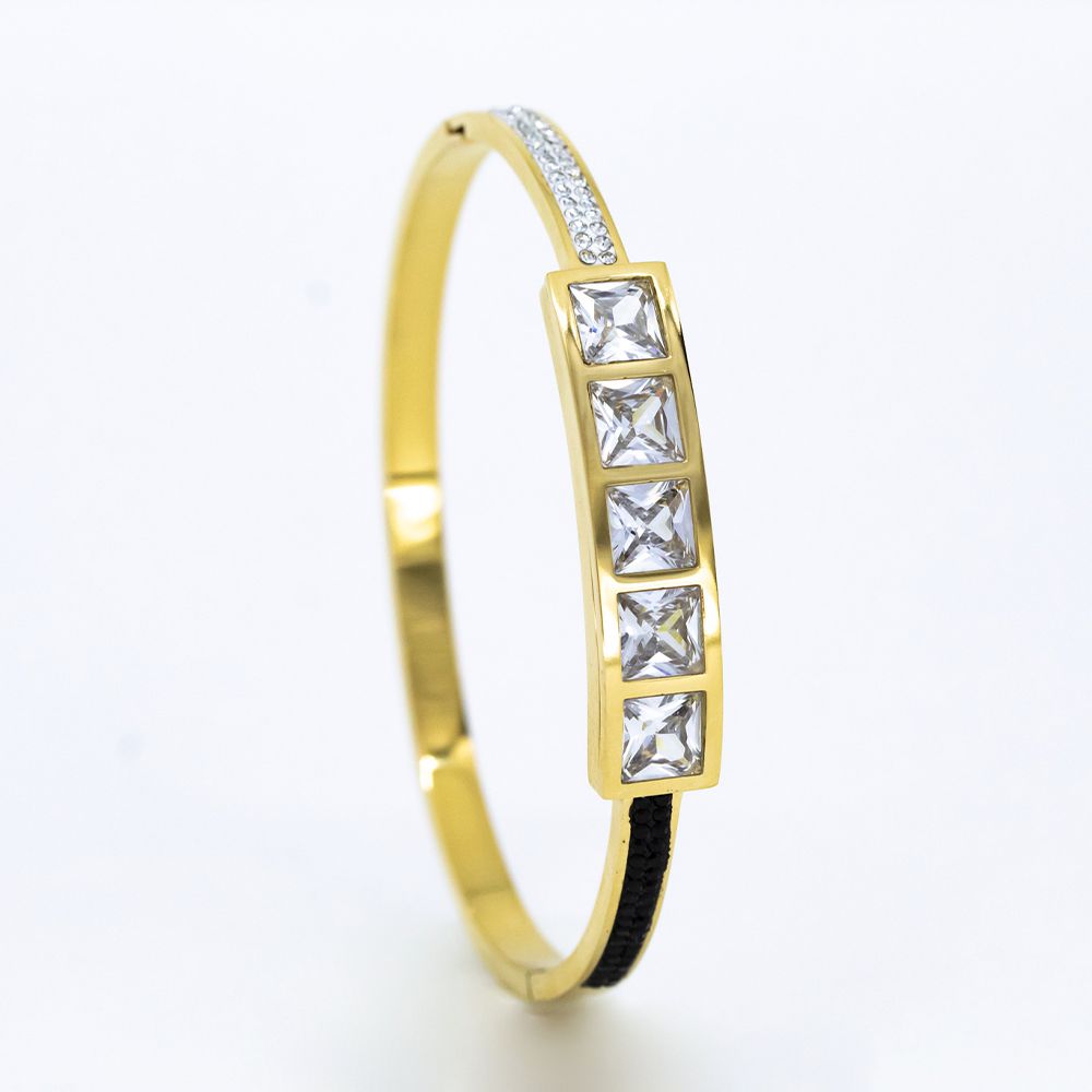  Gold Bangle with Square Crystal Accents
