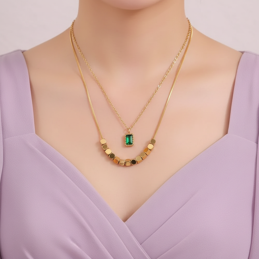 2-layered emerald necklace with light purple theme