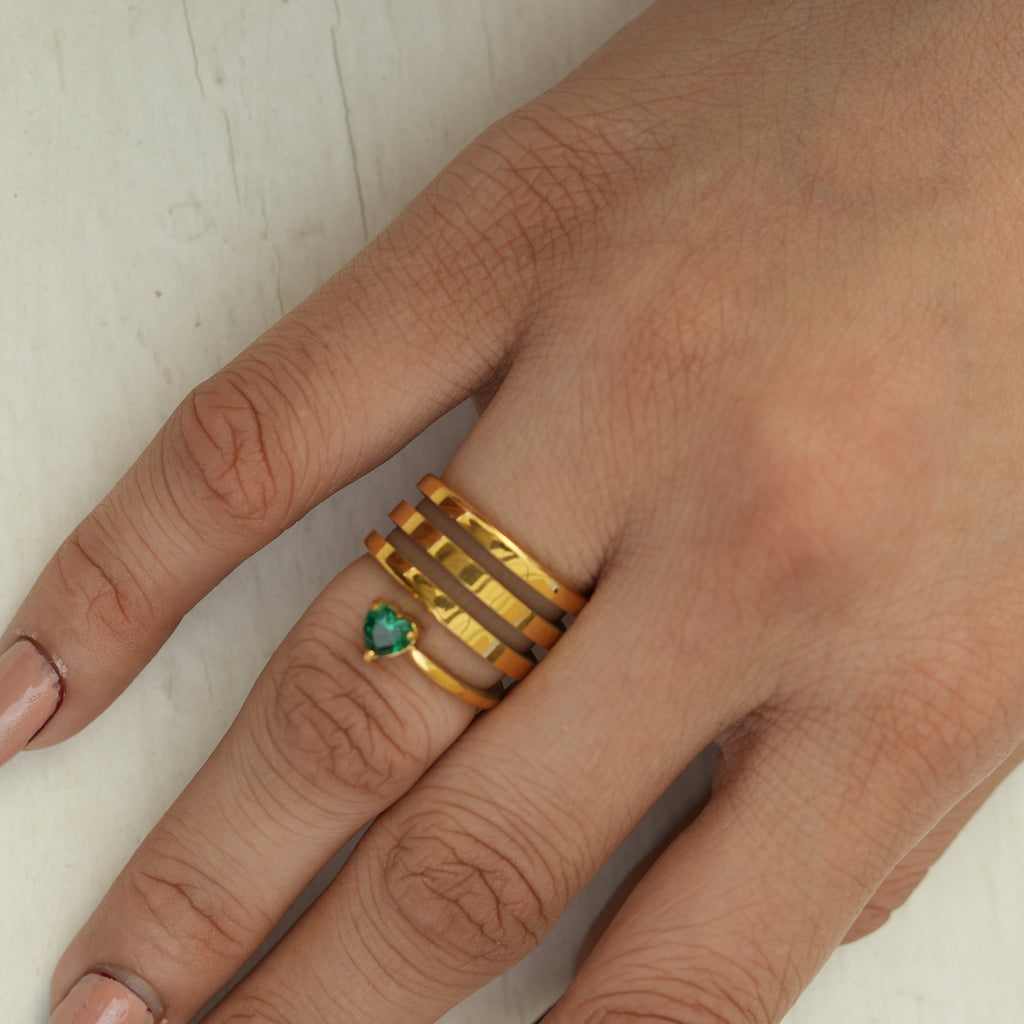 Gold Coil Spiral Ring with Emerald Heart Stone