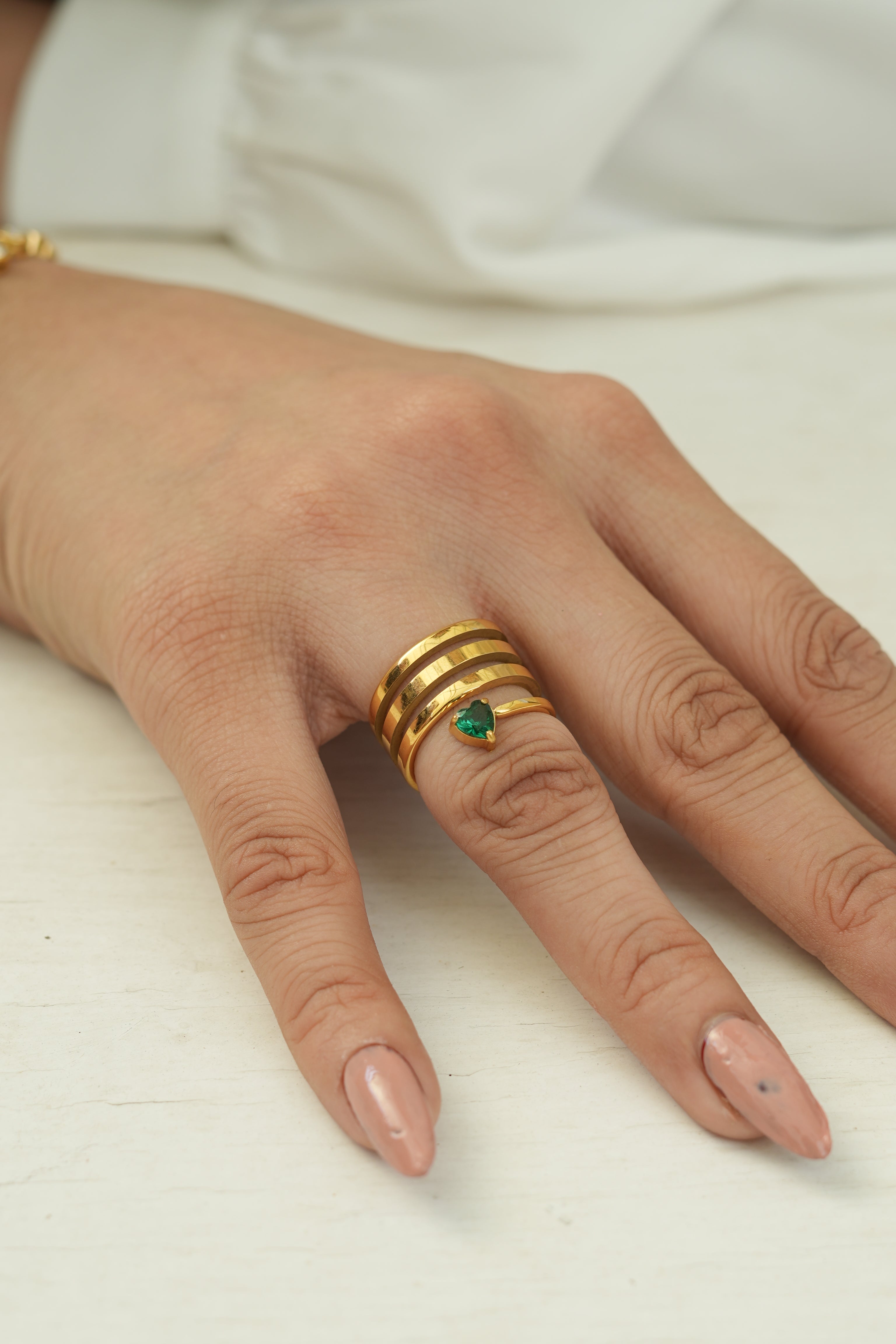 Gold Coil Spiral Ring with Emerald Heart Stone