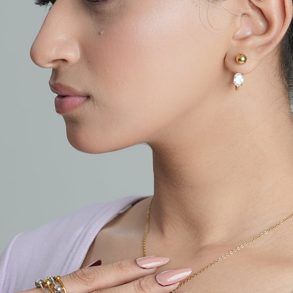 Oval Solitaire Ball-Top Gold Earrings