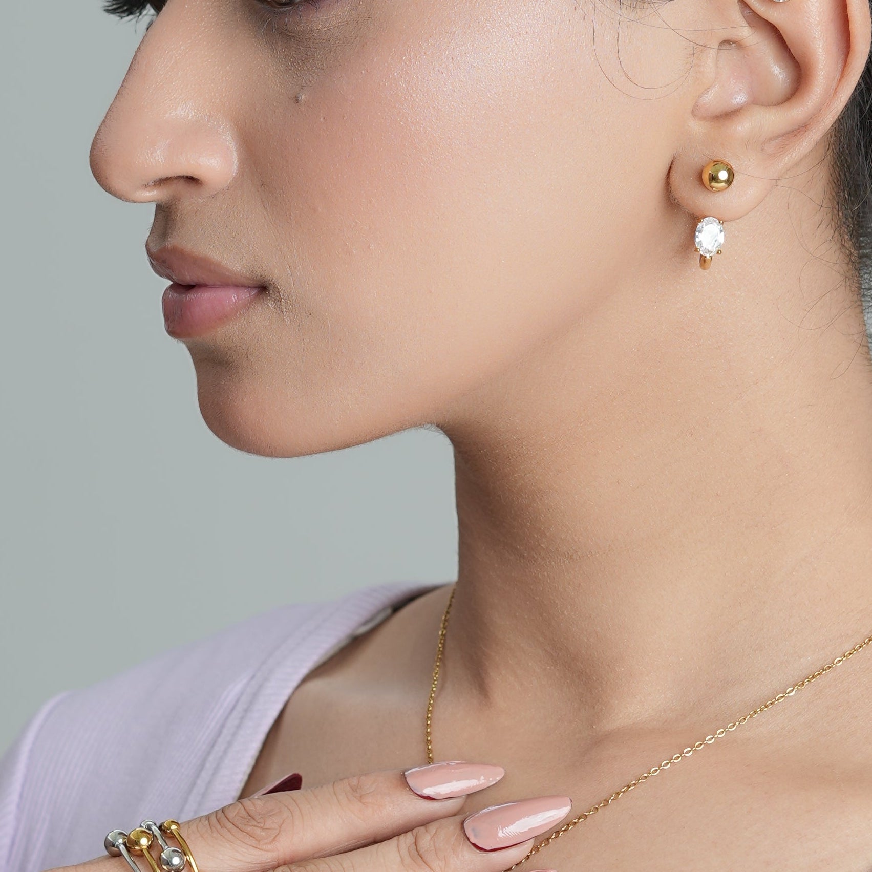 Oval Solitaire Ball-Top Gold Earrings
