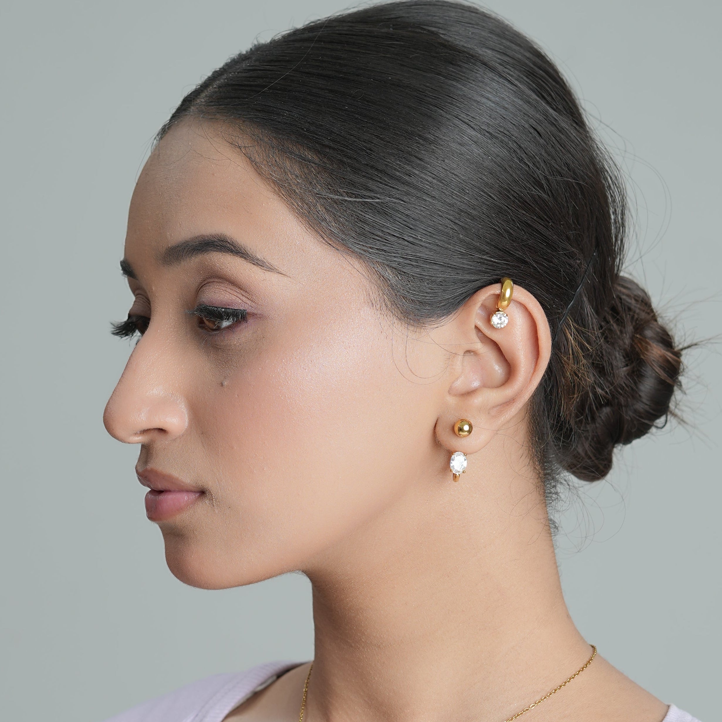 Round Solitaire Chunky Gold Ear Cuffs