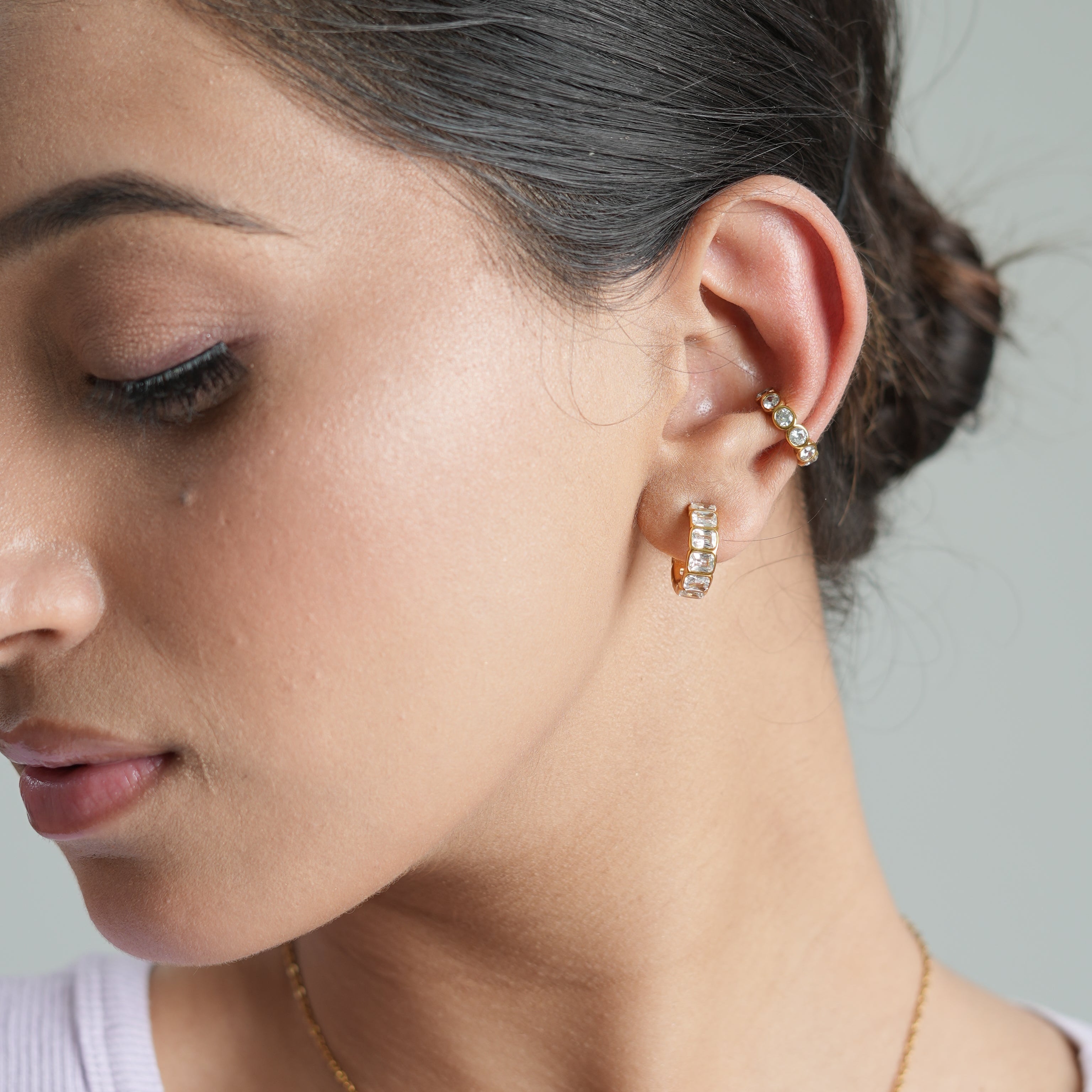 Bezel-Set Crystal Gold Huggie Hoop Ear Cuffs