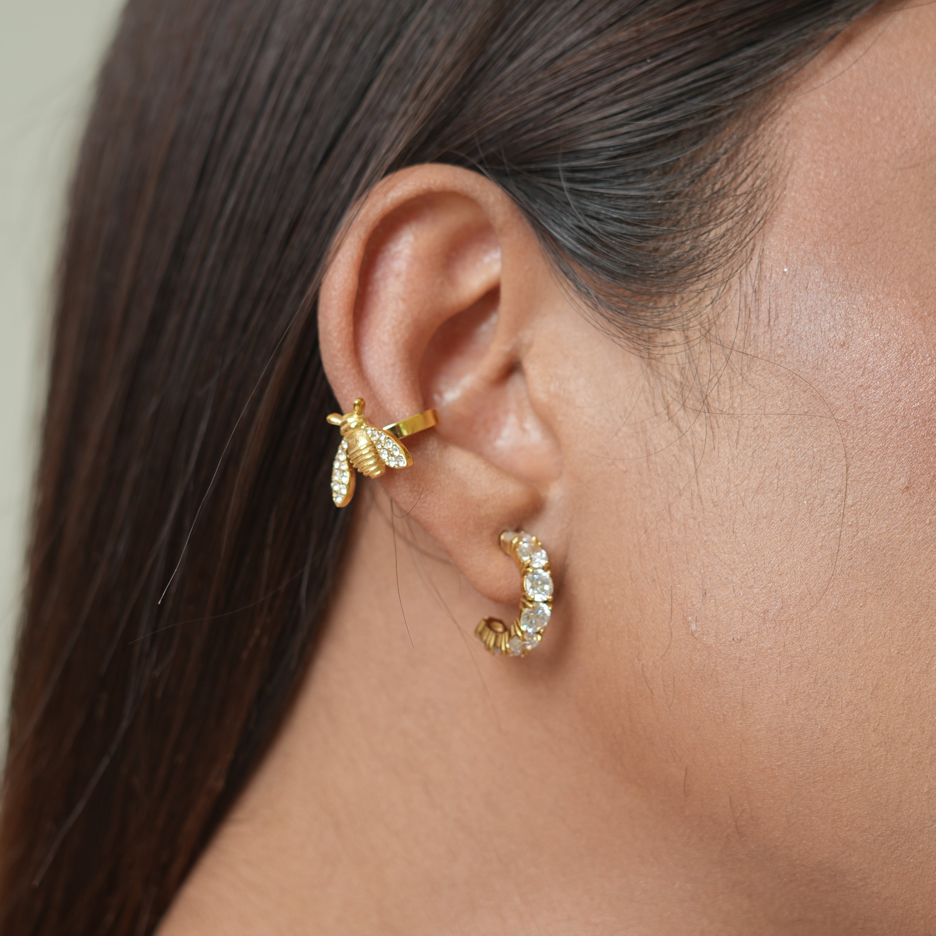Crystal Wing Honey Bee Gold Ear Cuffs