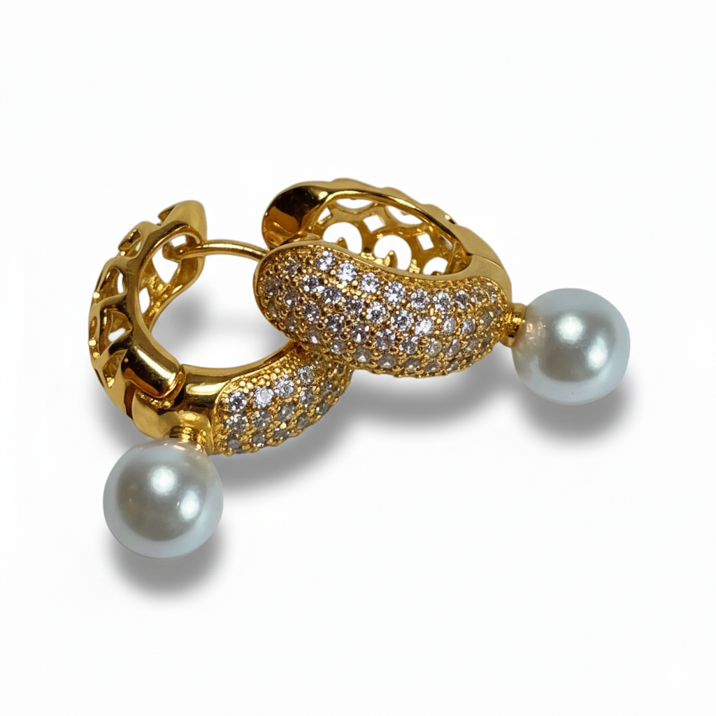 Gold Pave Pearl Drop Huggies