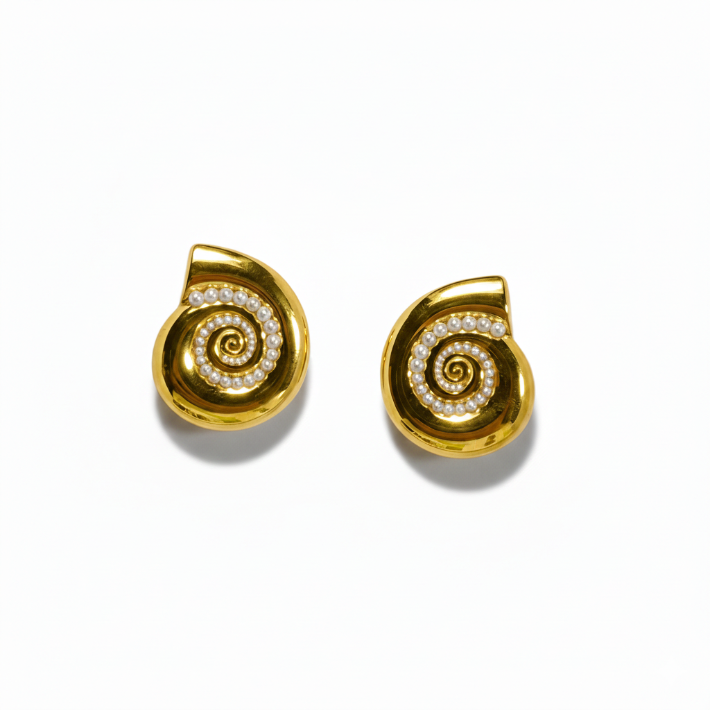 Gold Pearl Spiral Shell Earrings