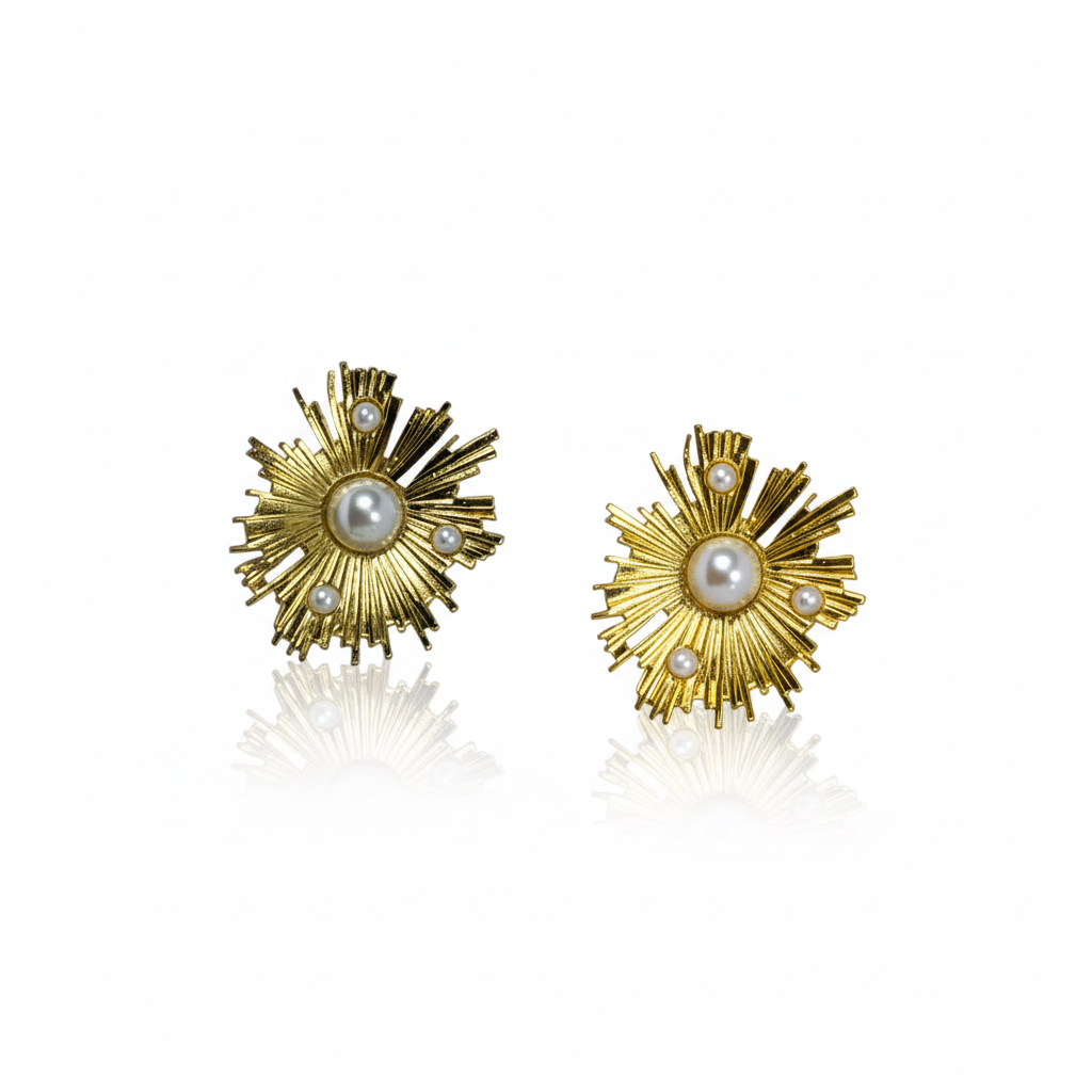Gold Pearl Sunburst Earrings