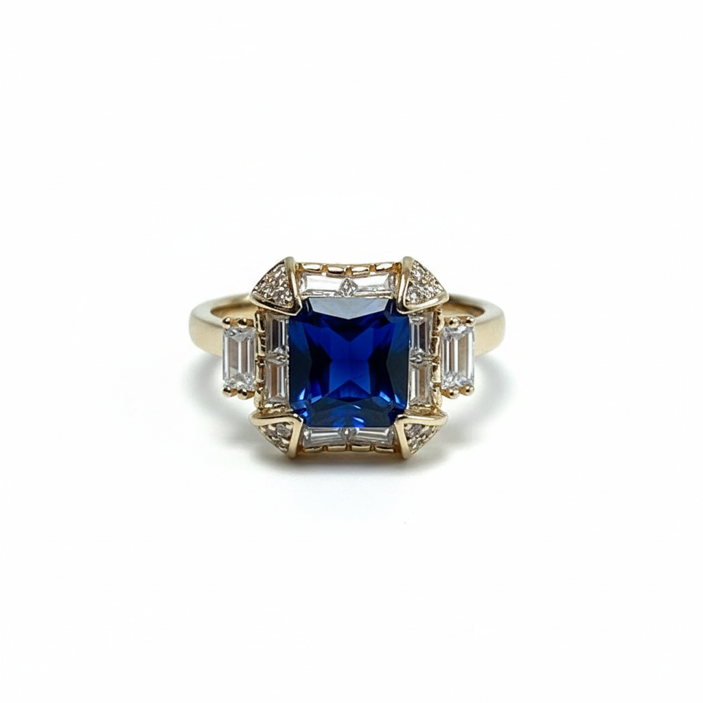 Octagonal Blue Gemstone Halo Ring
