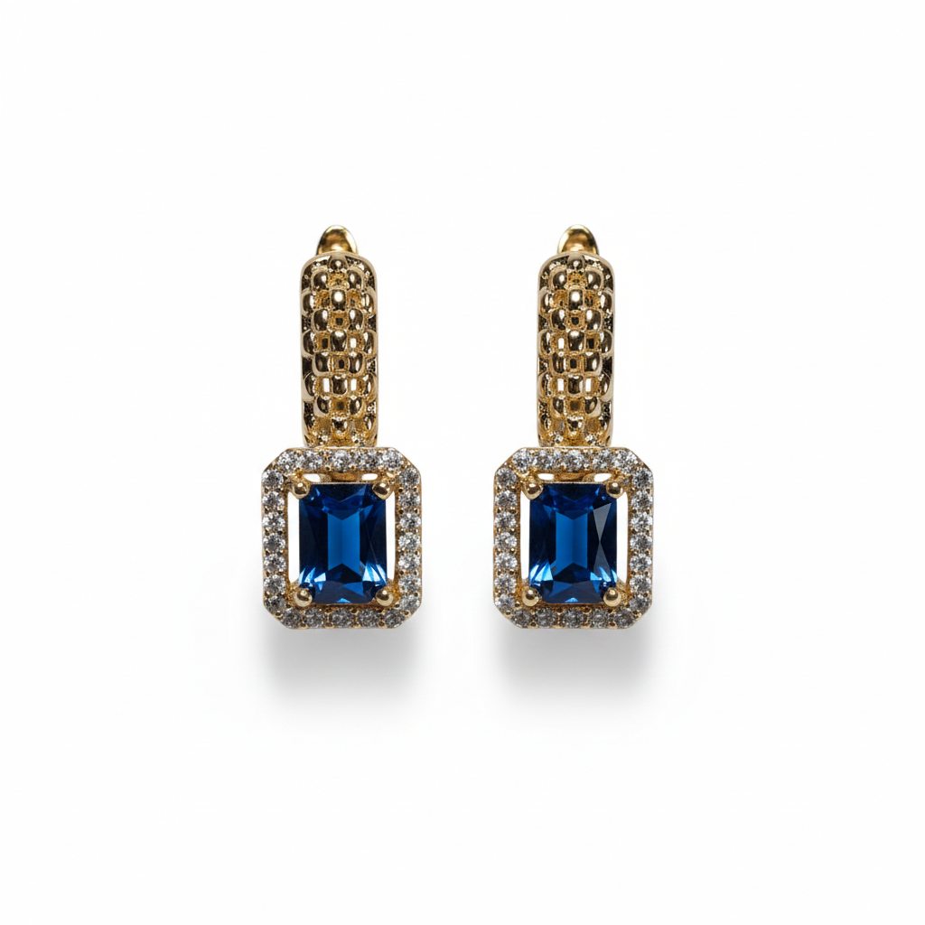 Gold Blue Crystal Halo Earrings