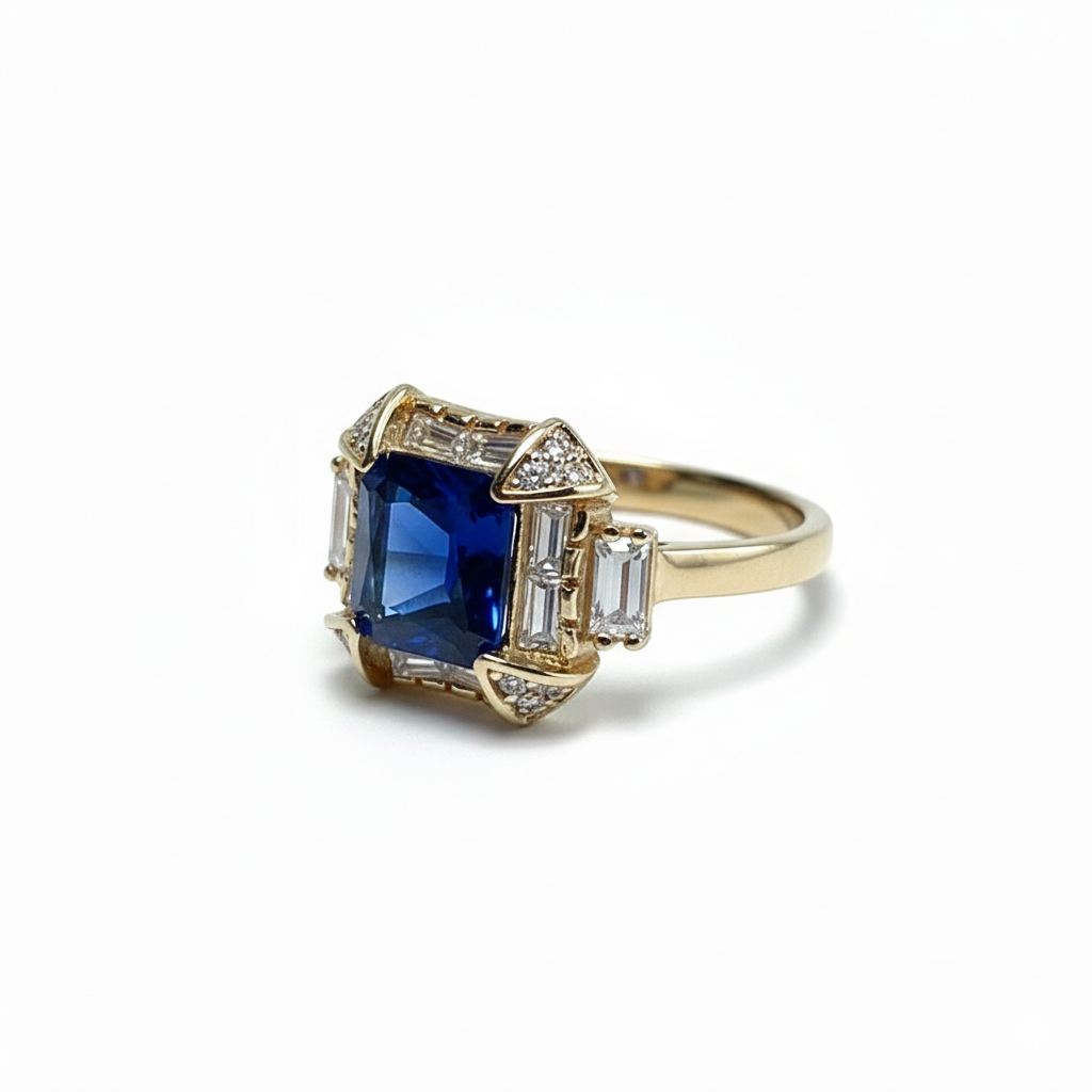 Octagonal Blue Gemstone Halo Ring