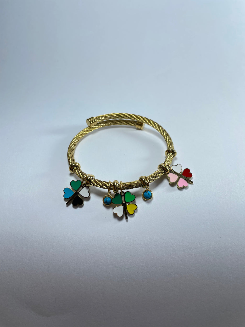 Gold Bangle with Multi-Color Clover Charms