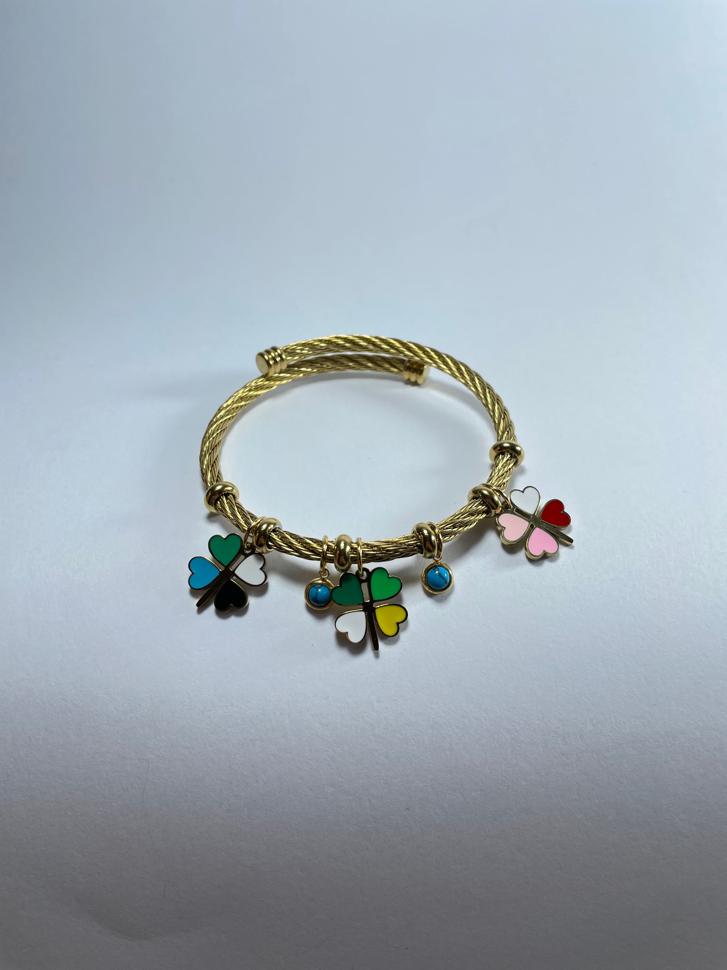 Gold Bangle with Multi-Color Clover Charms