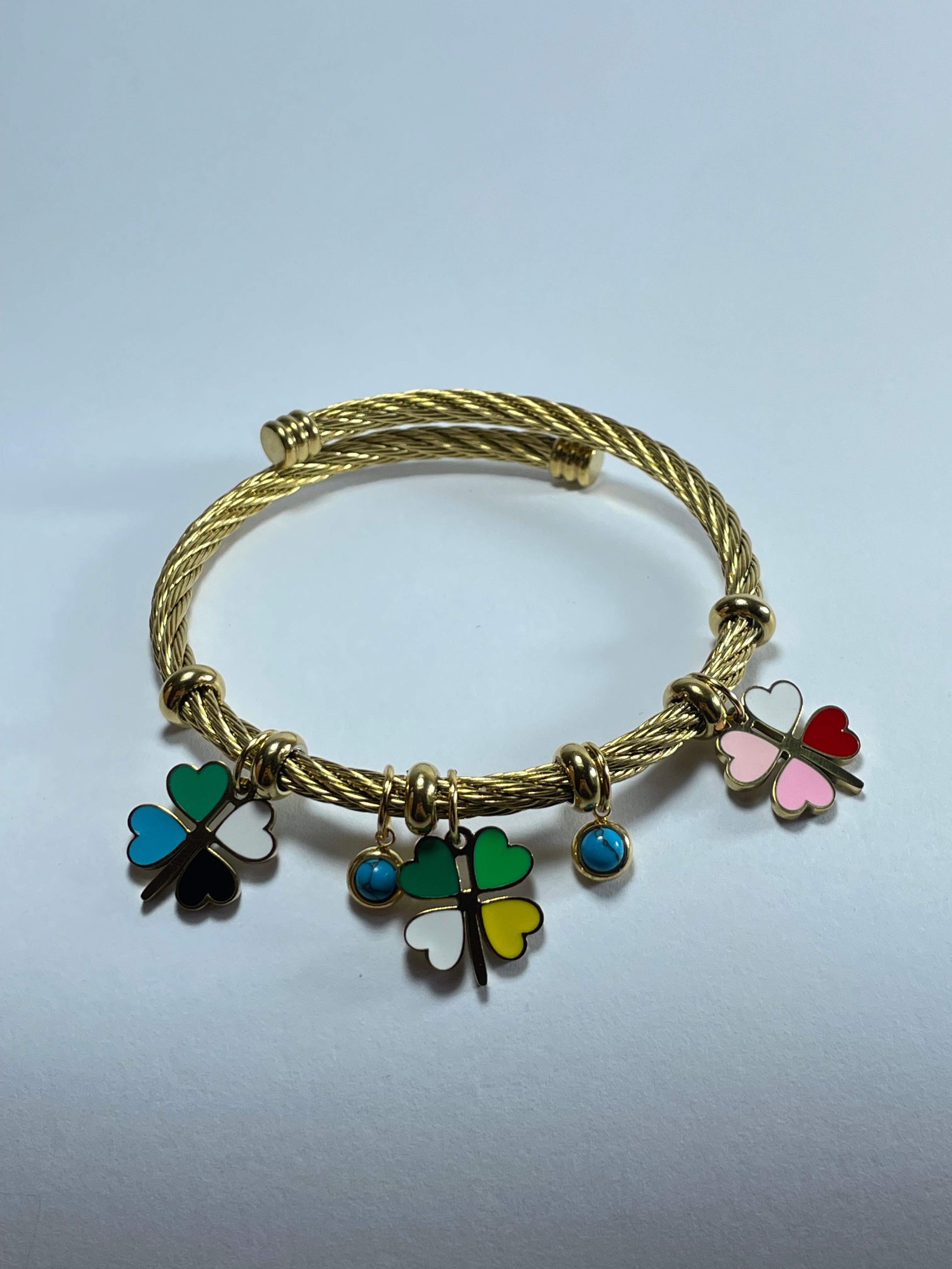 Gold Bangle with Multi-Color Clover Charms