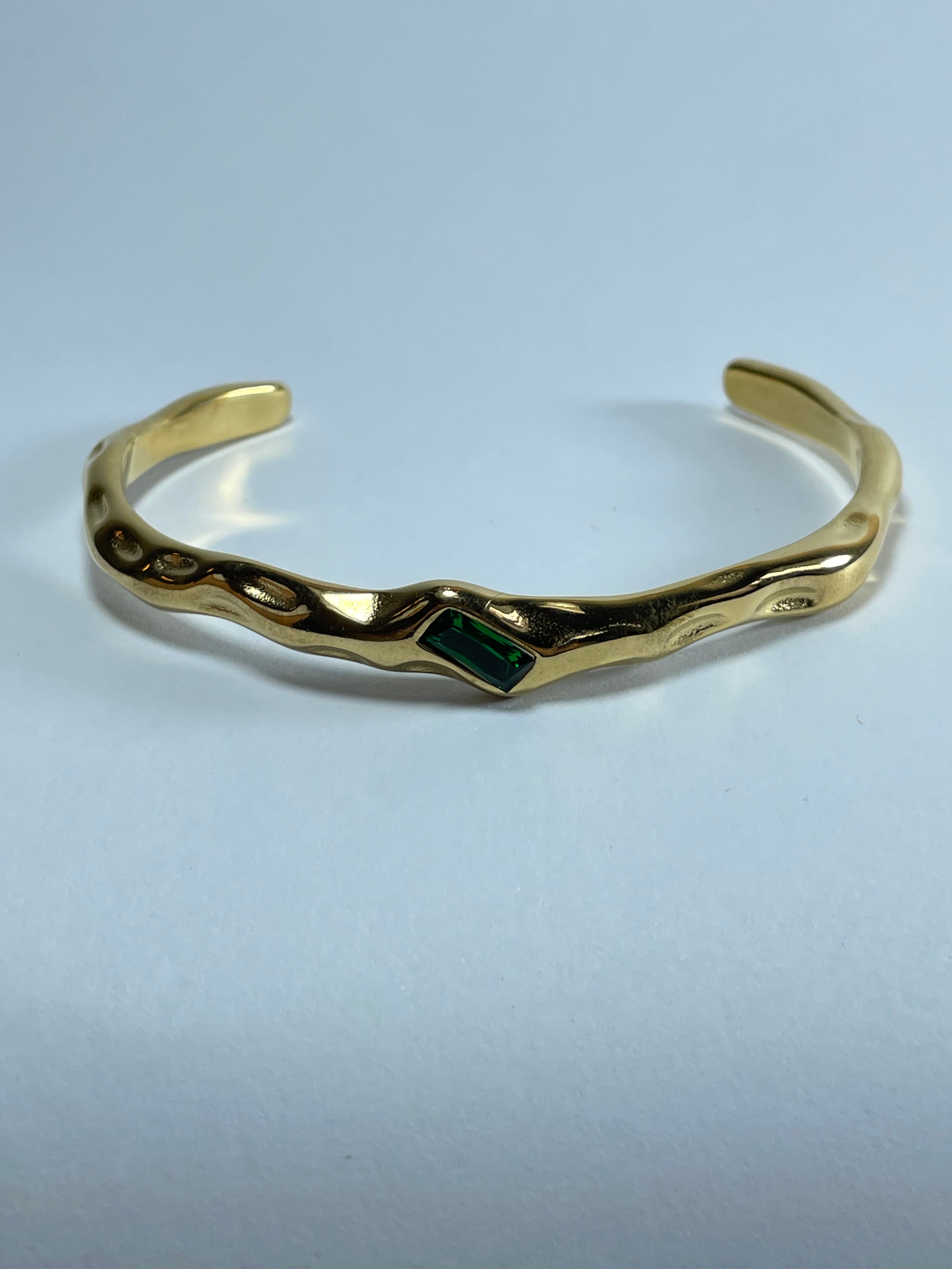 Gold Wavy Cuff with Green Stone