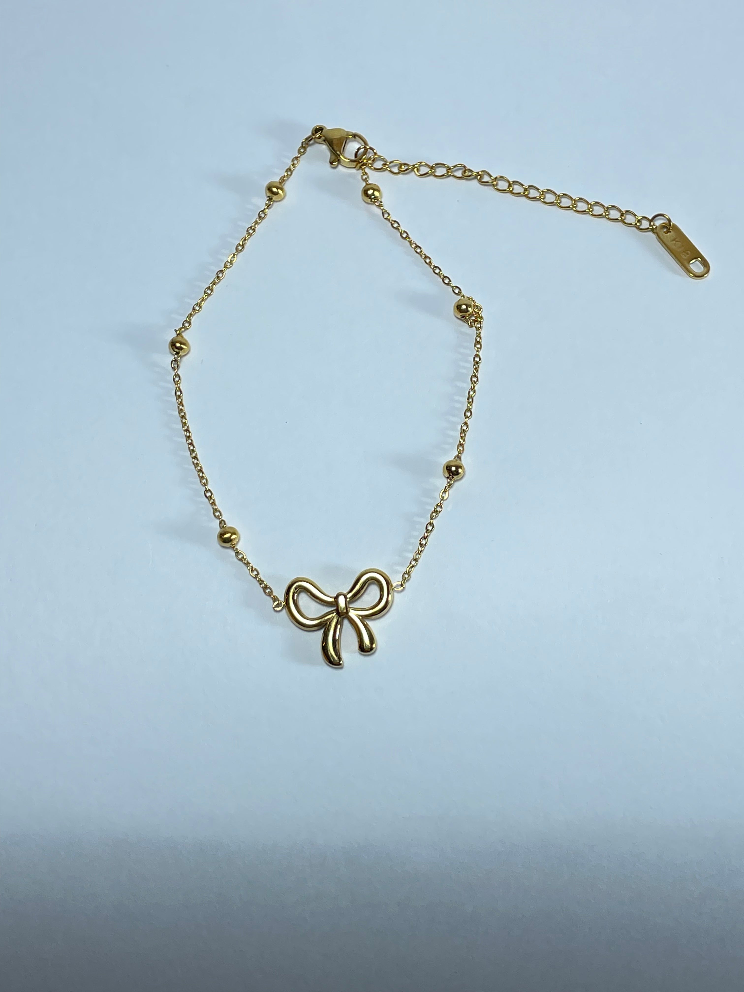 Gold Bow & Bead Charm Anklet