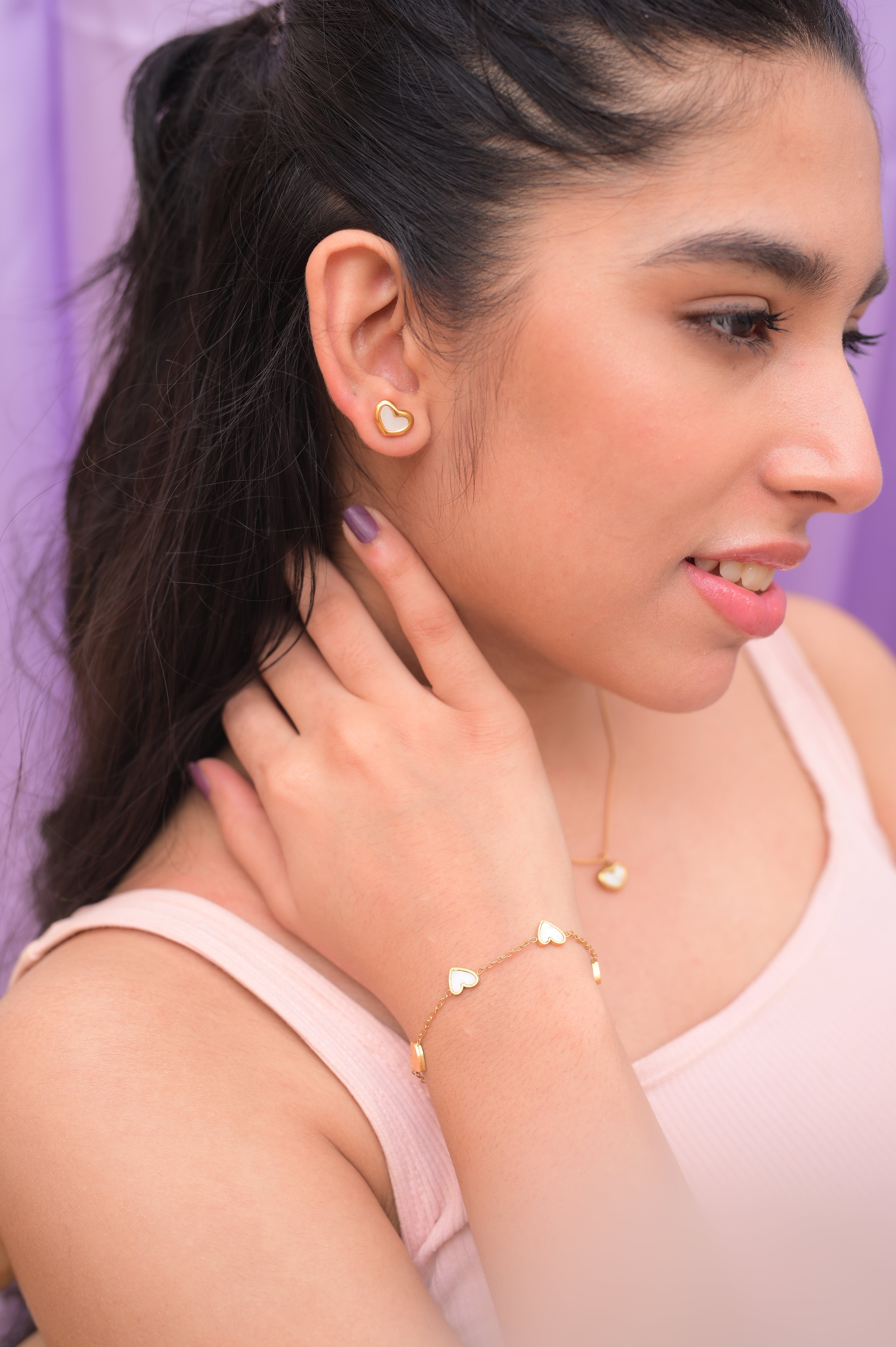 Gold Pearly Heart Studs