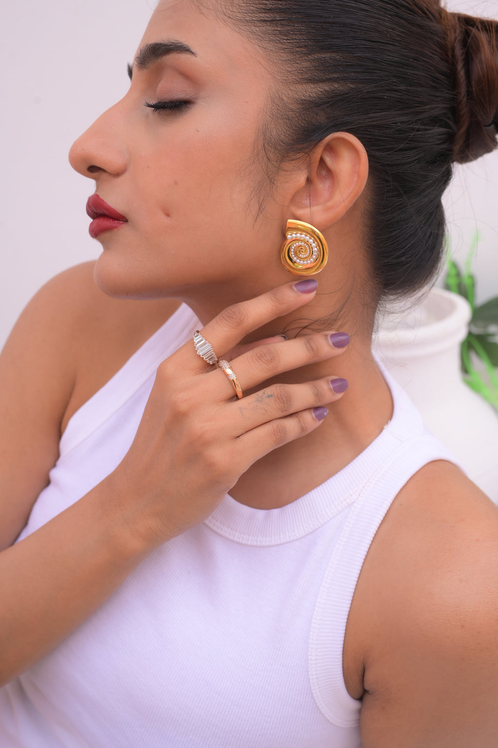 Gold Pearl Spiral Shell Earrings