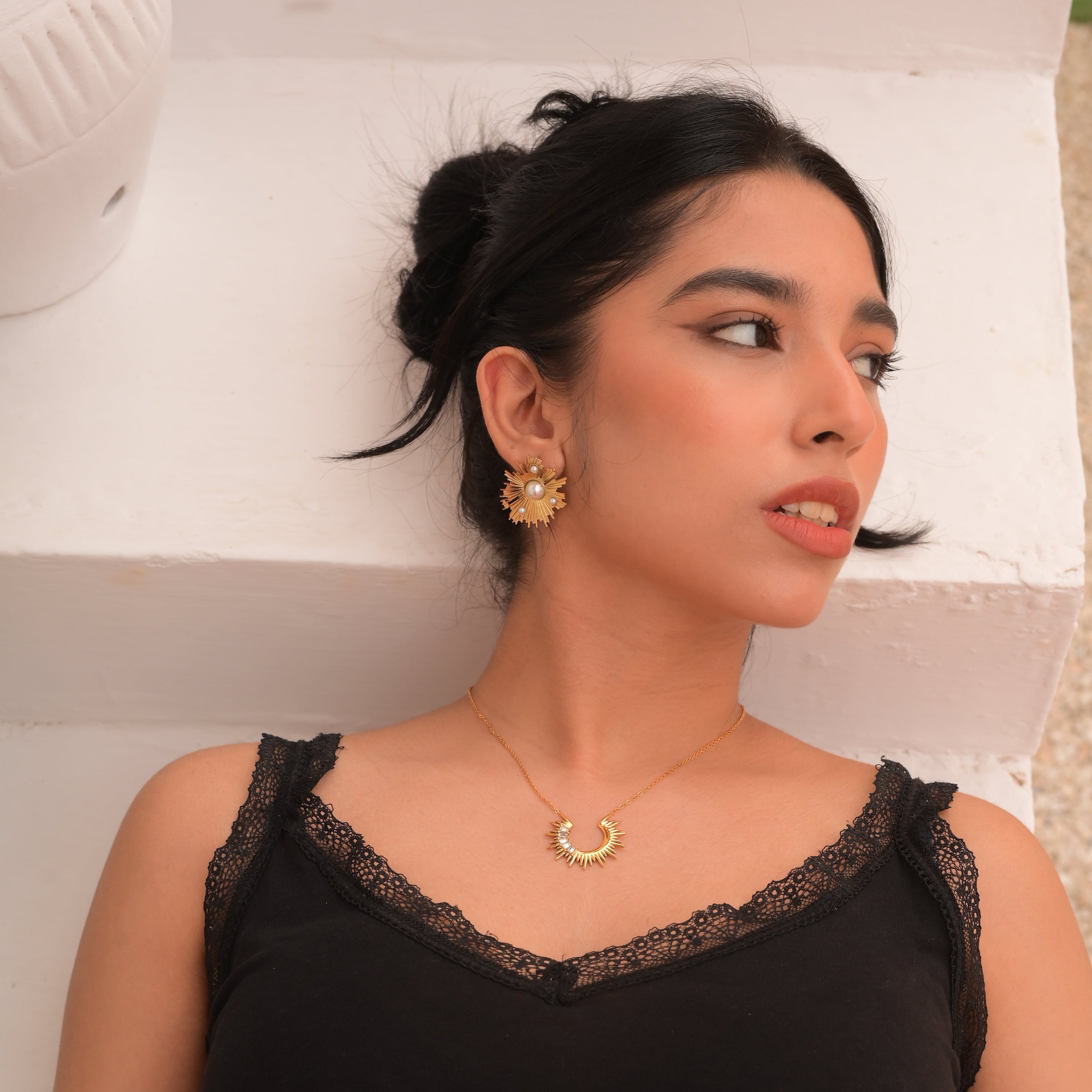 Gold Pearl Sunburst Earrings