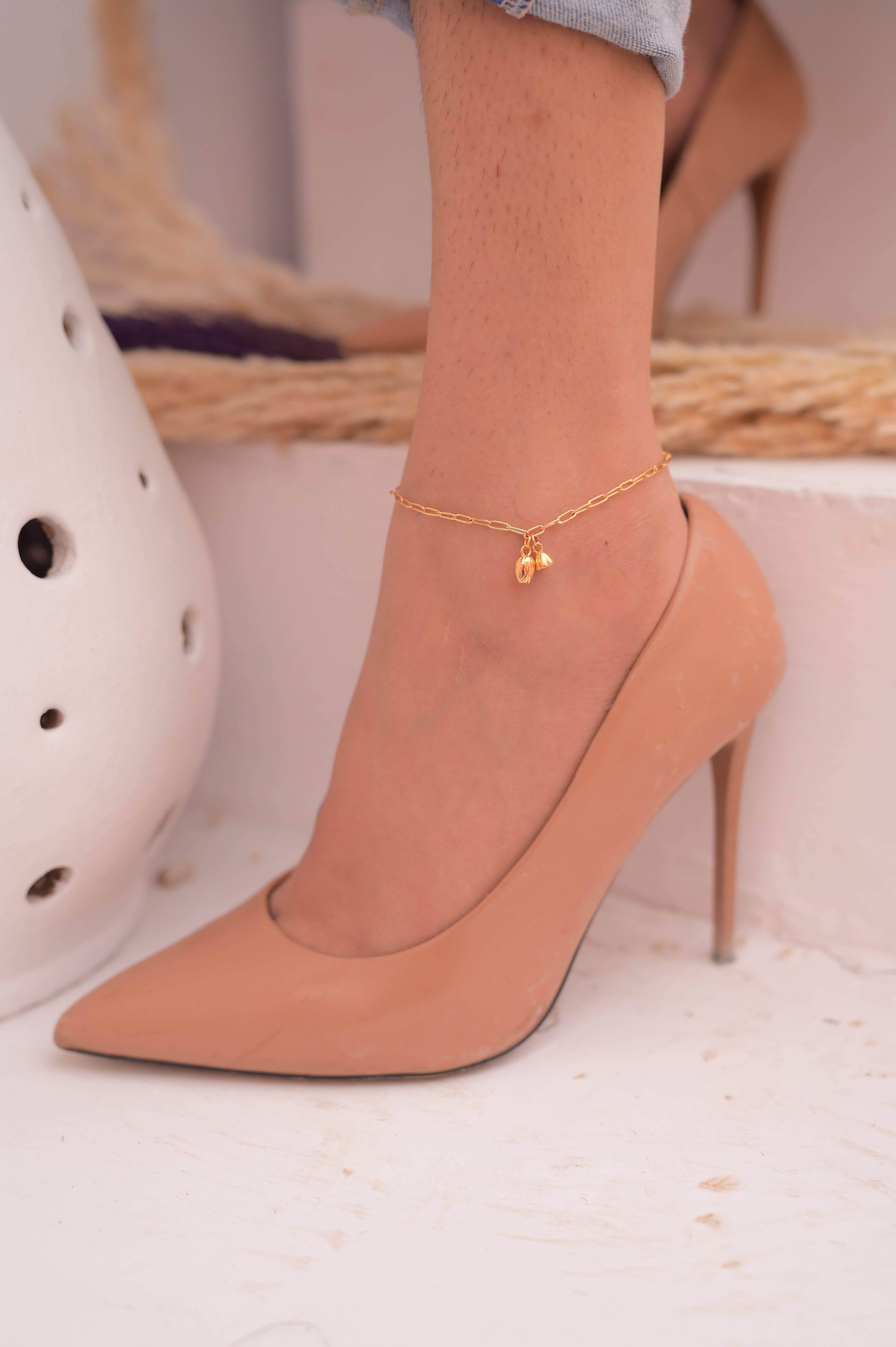 Gold Paperclip Anklet with Charms