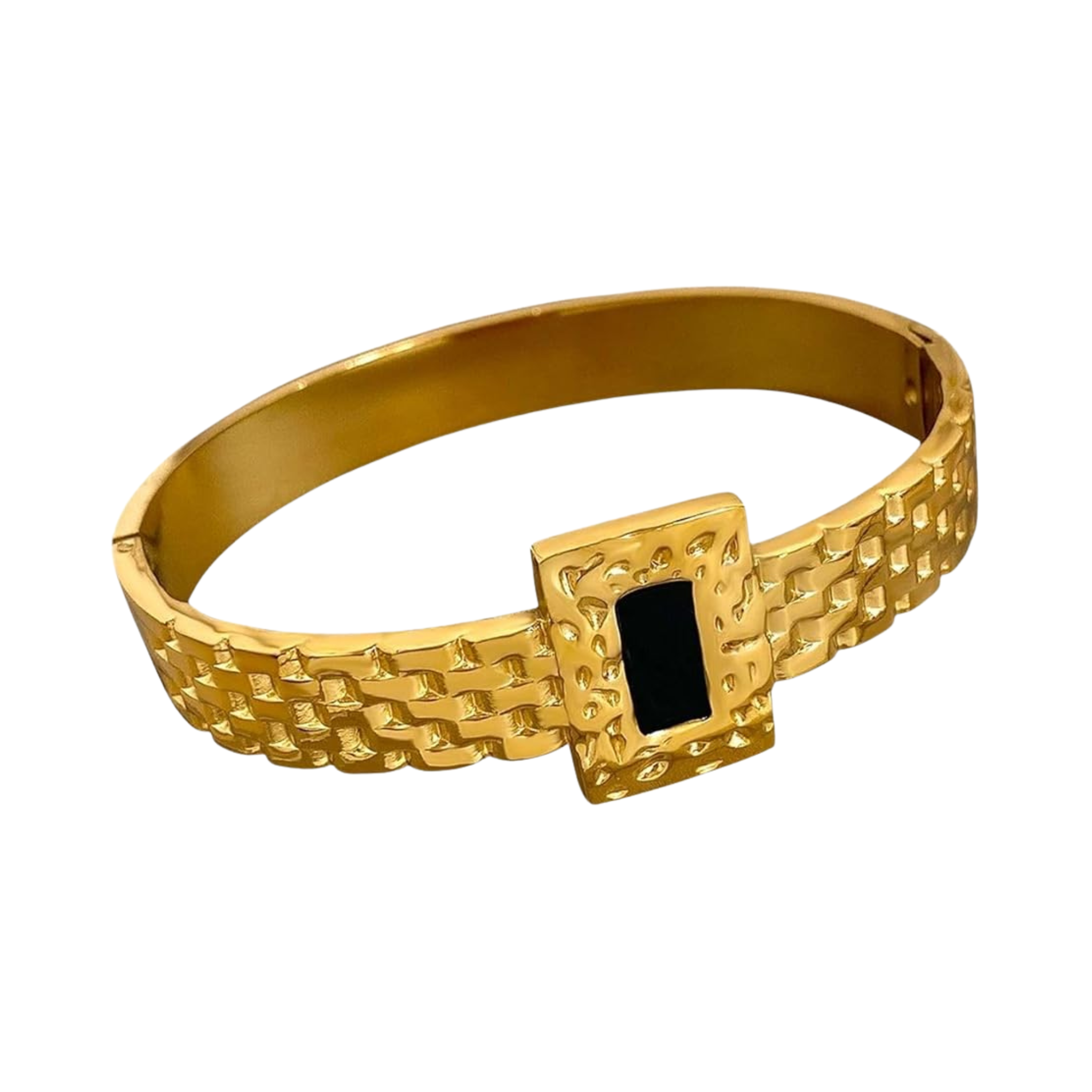 Gold Textured Bangle with Black Stone