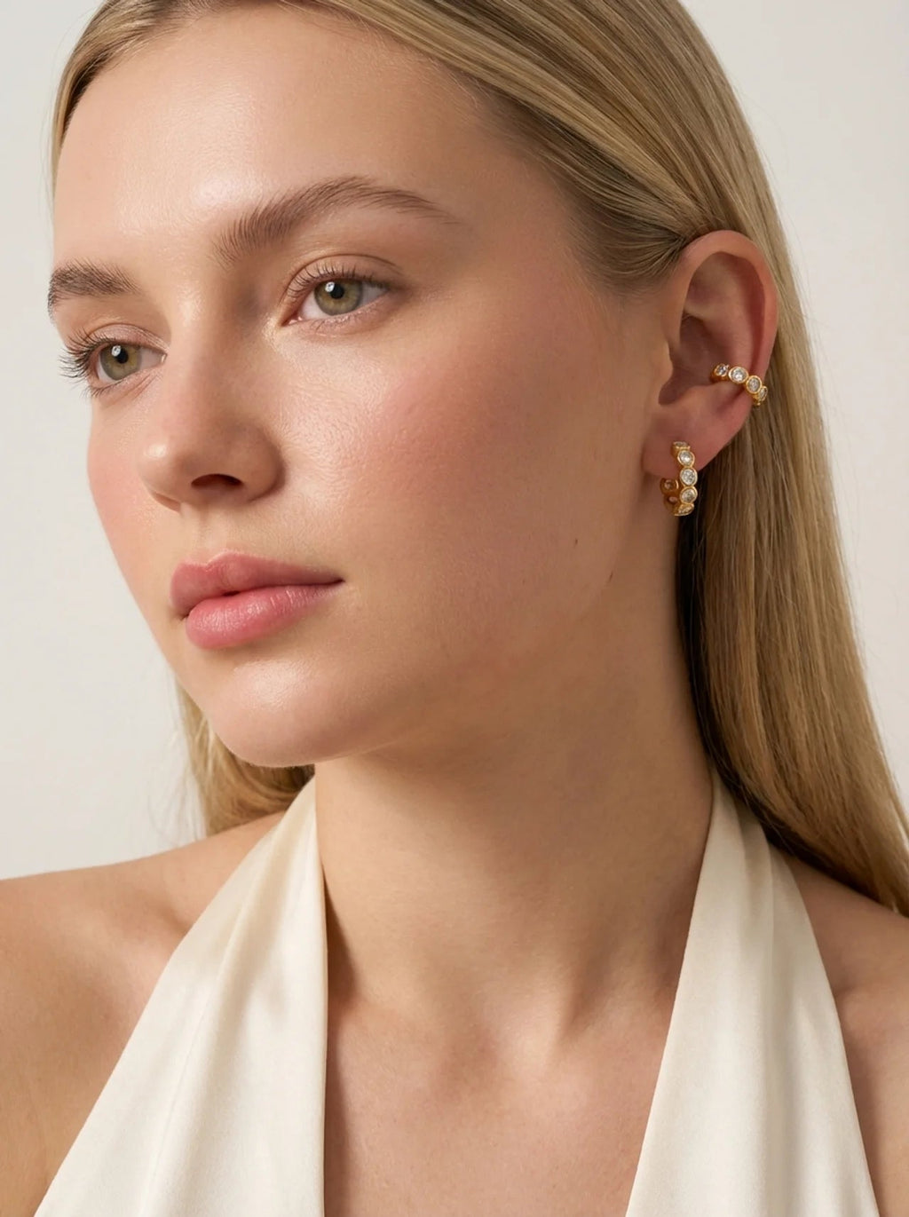 Bezel-Set Crystal Gold Huggie Hoop Ear Cuffs