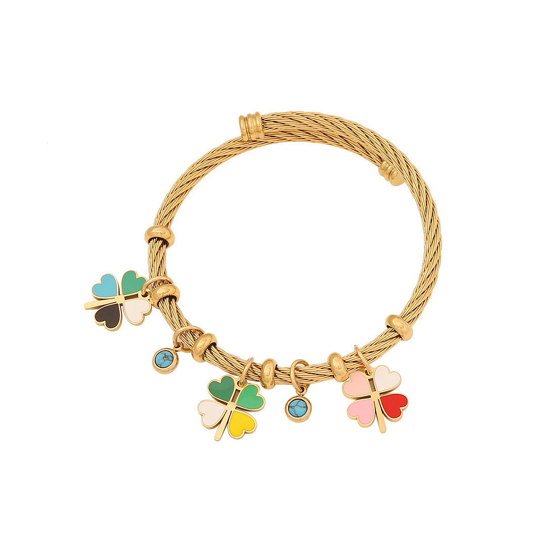 Gold Bangle with Multi-Color Clover Charms