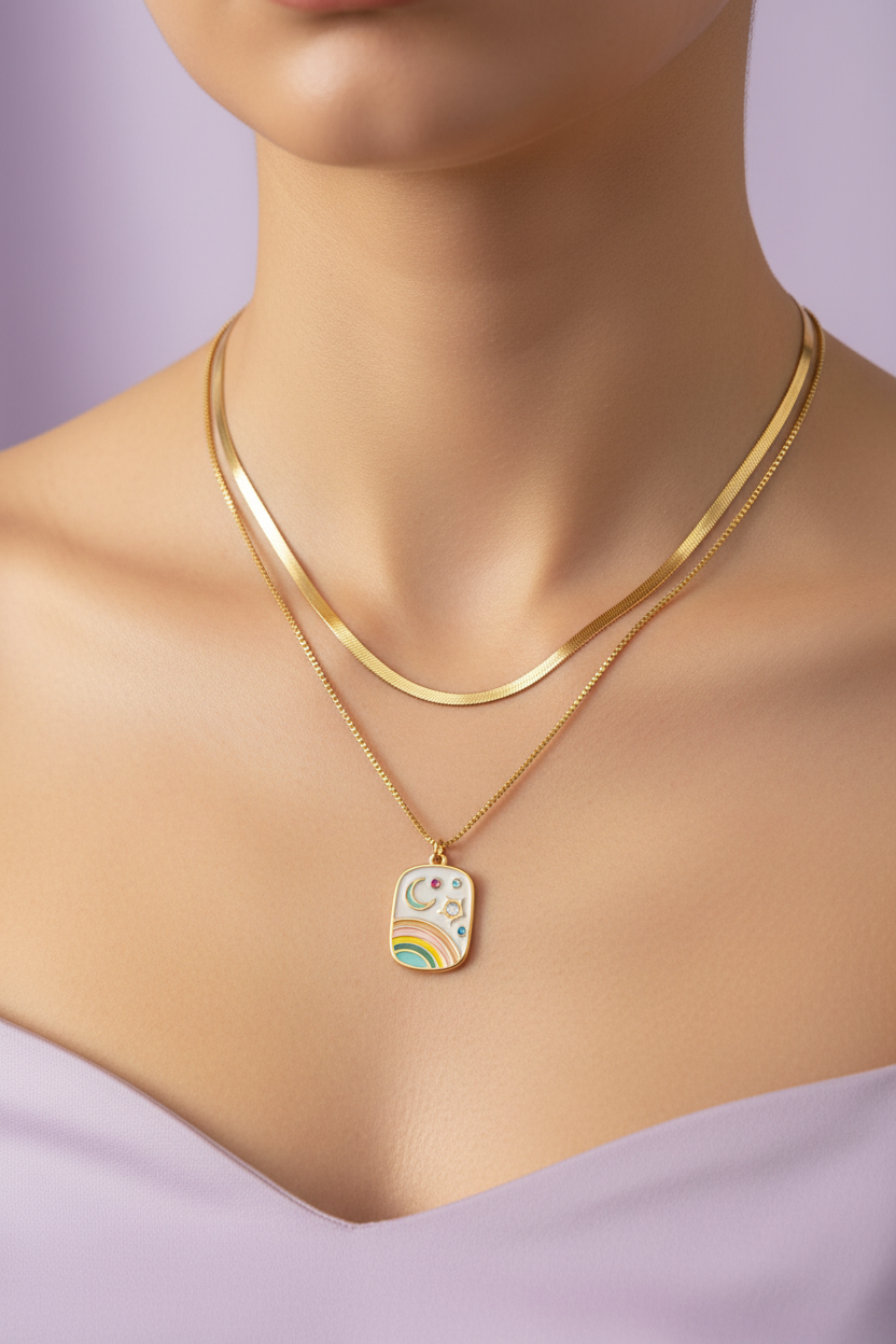 Celestial necklace lifestyle shot with purple background