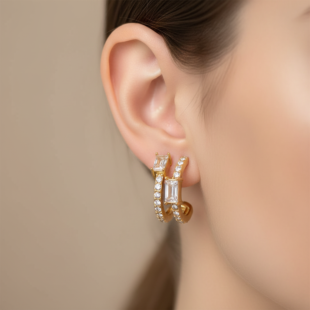 Double-layer crystal hoop earrings on ear
