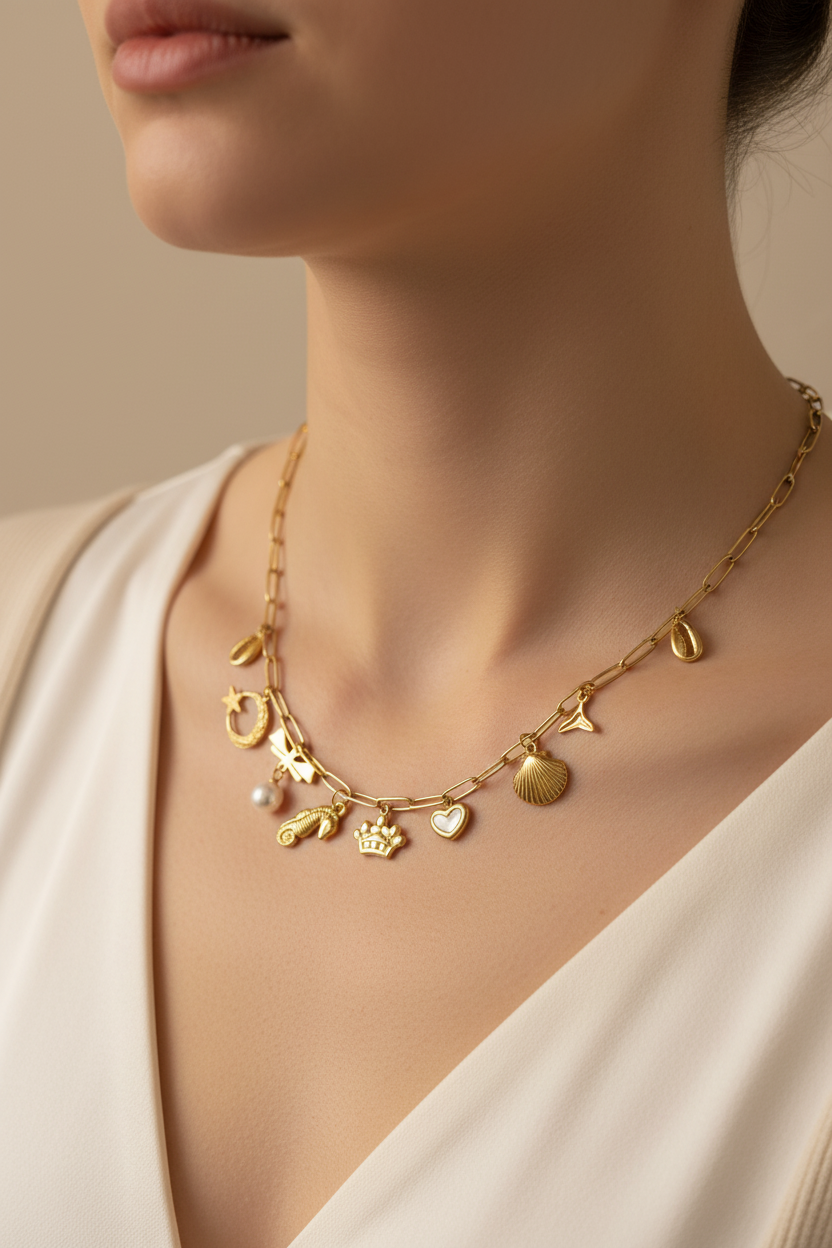 Gold Charm Necklace Lifestyle Shot