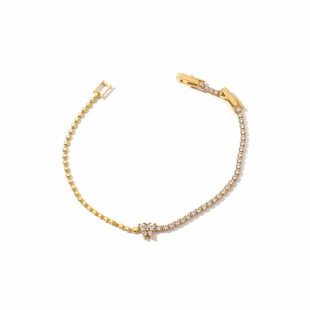 Gold crystal bracelet on white background