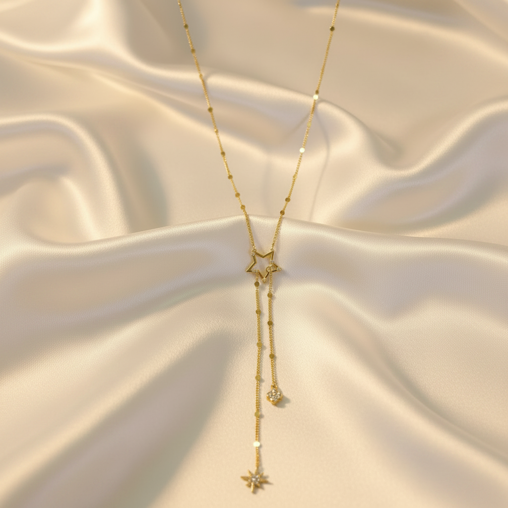 Gold Lariat Necklace - Silk Background
