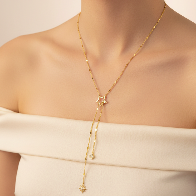 Gold Lariat Necklace - Worn on Neck
