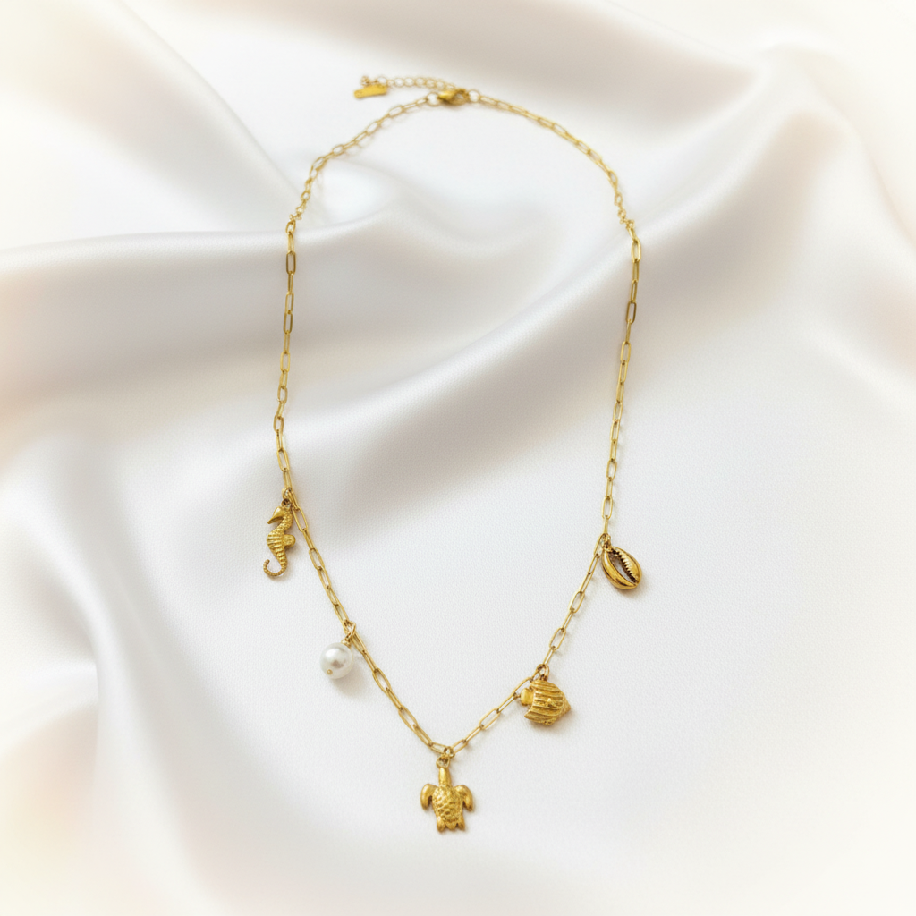 Ocean Charm Necklace - White Silk Background