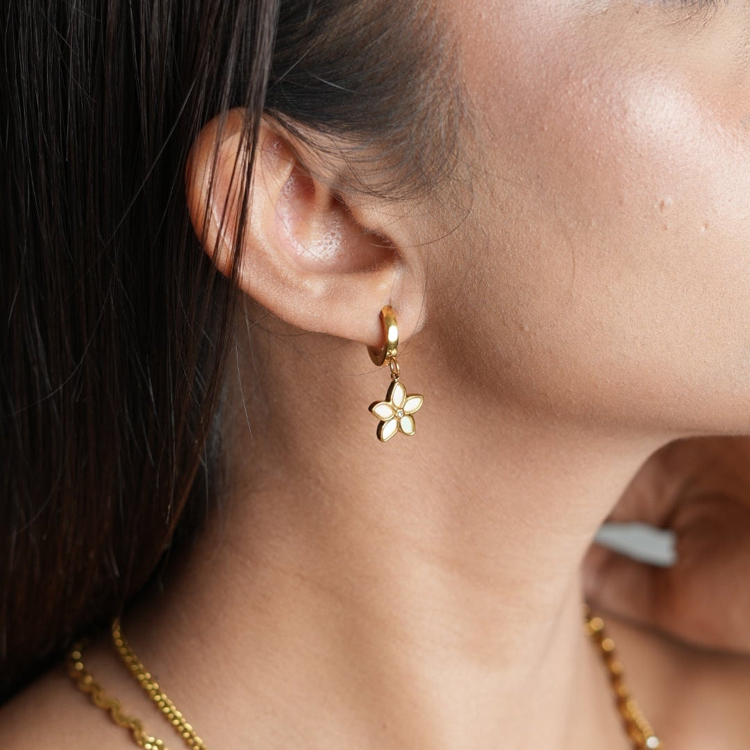 Mother of Pearl Flower Charm Huggie Earrings
