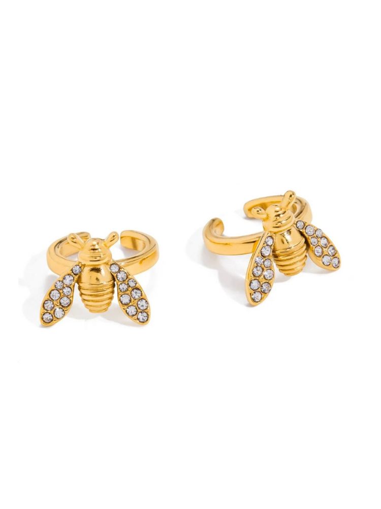 Crystal Wing Honey Bee Gold Ear Cuffs