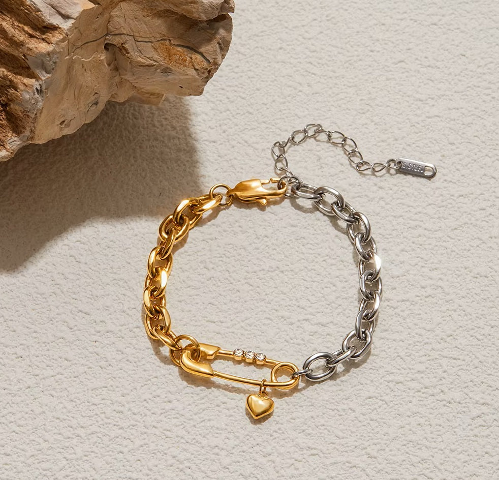 Two-Tone Safety Pin Heart Charm Bracelet