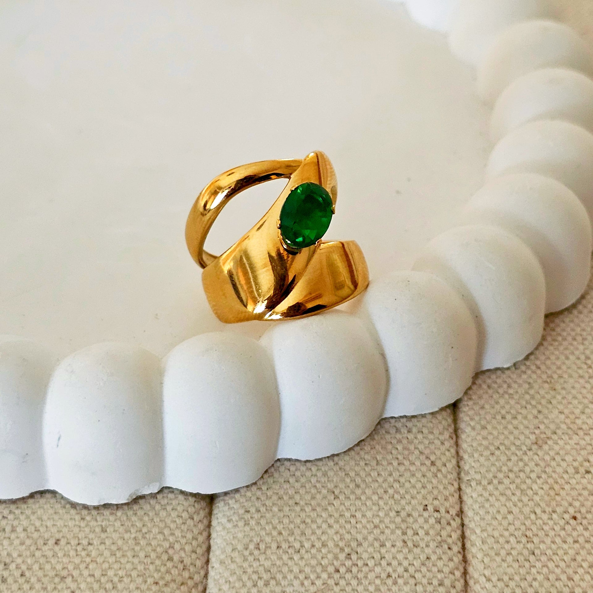 Emerald Oval Sculptural Wrap Ring Adjustable