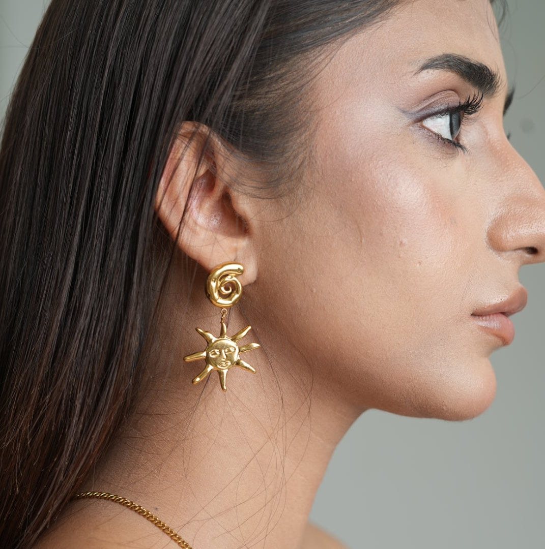 Celestial Sun Face Spiral Drop Earrings