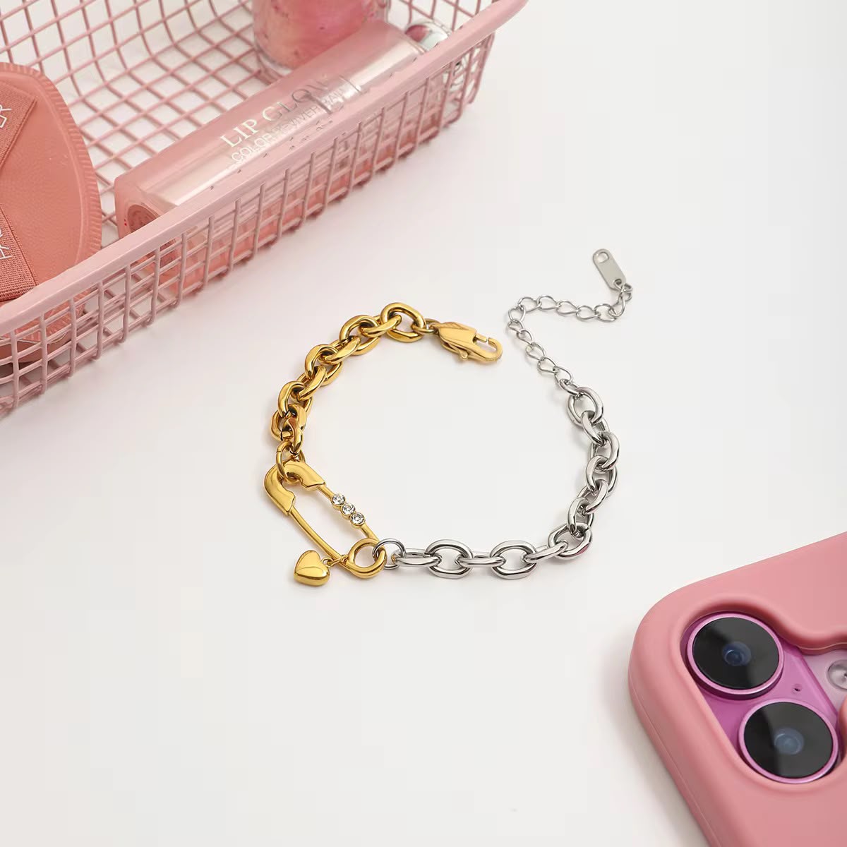 Two-Tone Safety Pin Heart Charm Bracelet