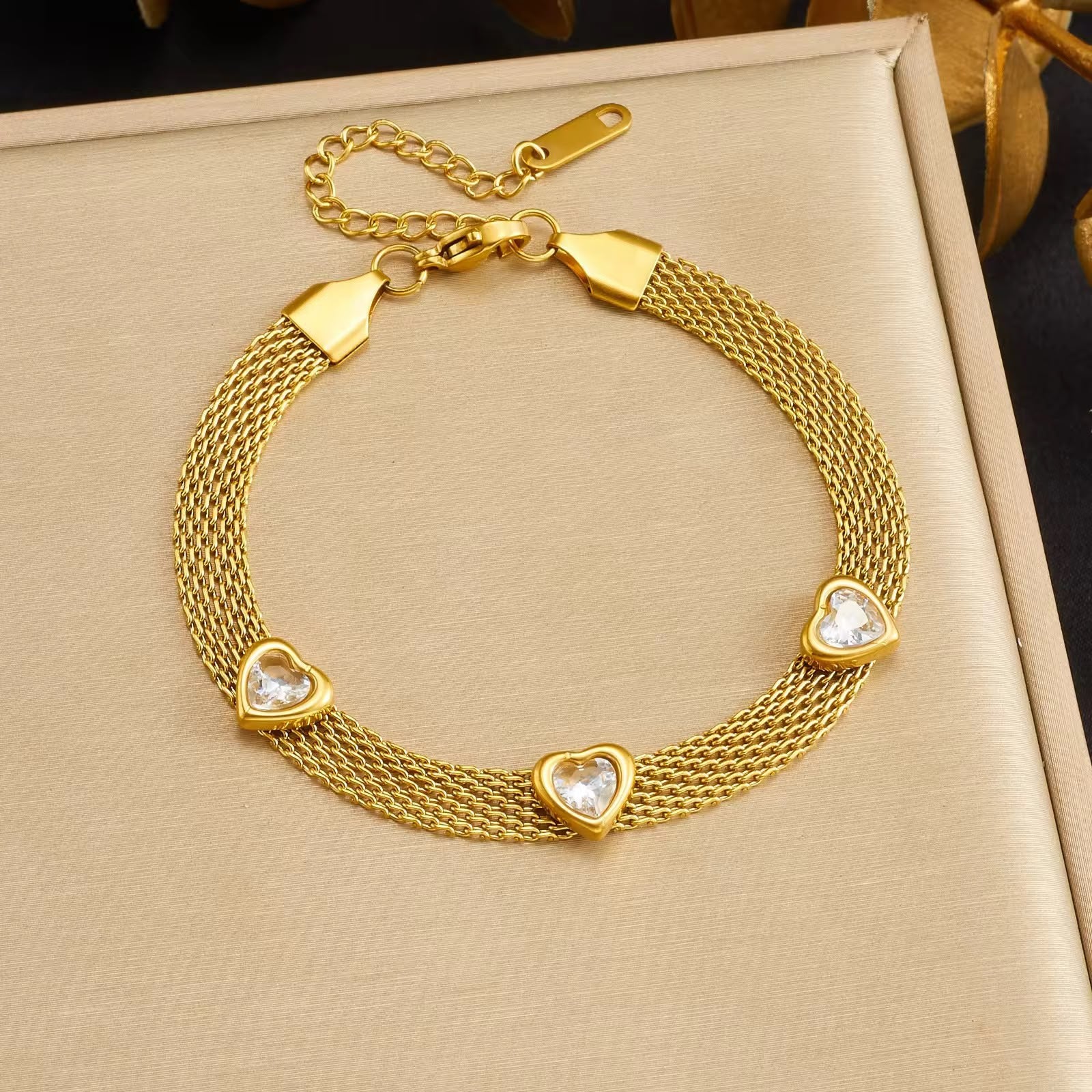 Triple Heart Crystal Mesh Chain Bracelet