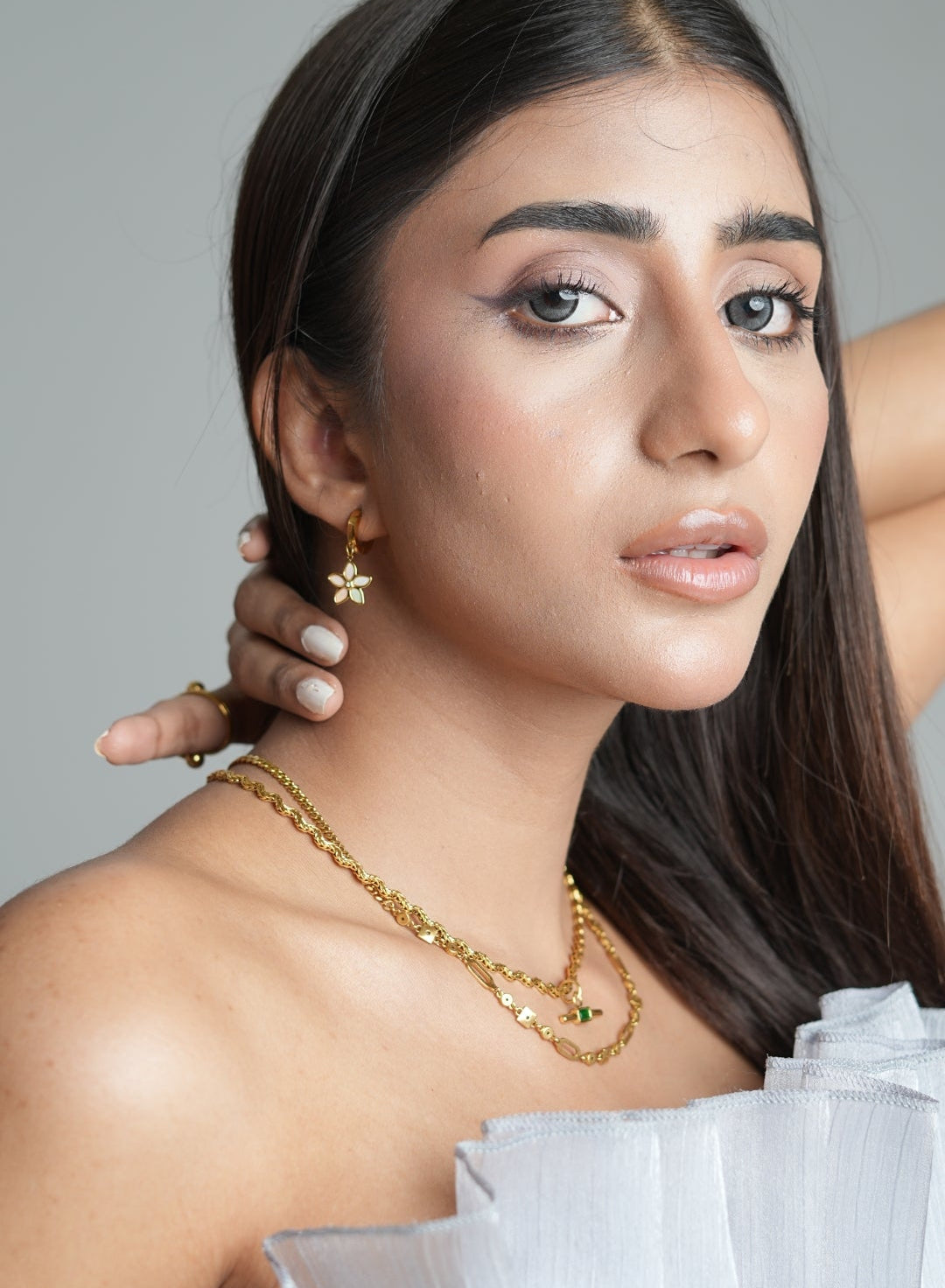 Mother of Pearl Flower Charm Huggie Earrings