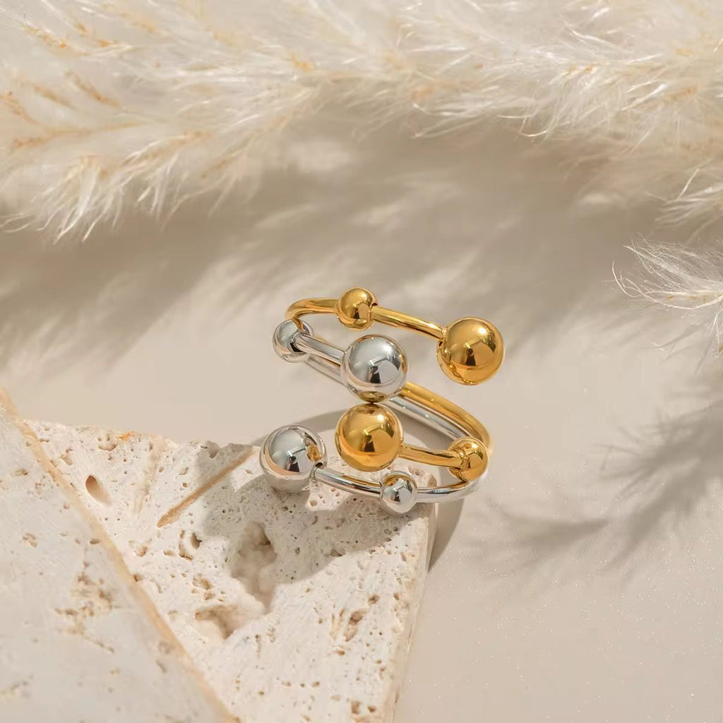 Two-Tone Ball Bead Spiral Open Ring