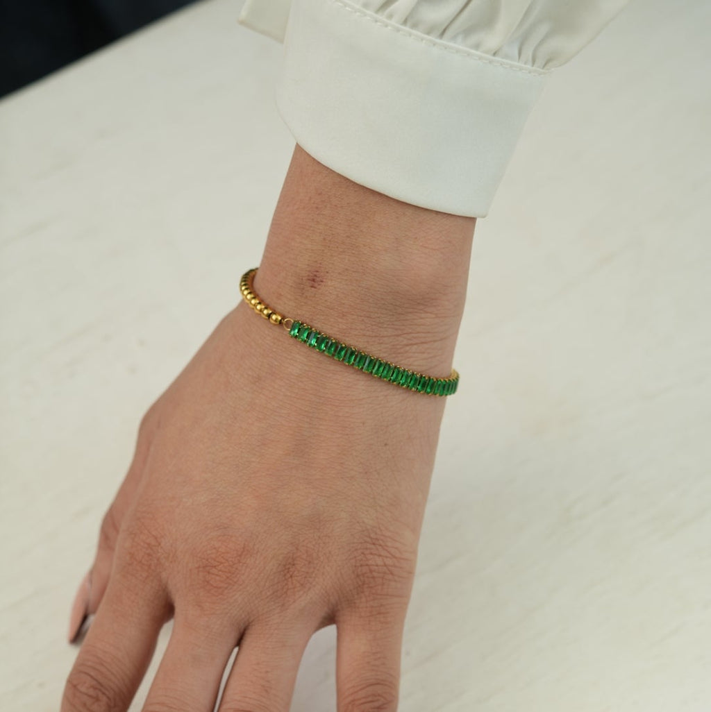 Emerald Baguette & Gold Bead  Bracelet