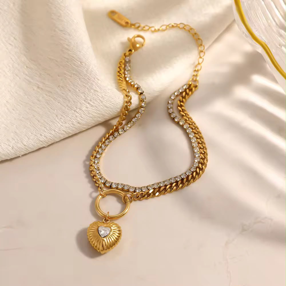 Gold Cuban Crystal Tennis Double-Strand Heart Charm Bracelet