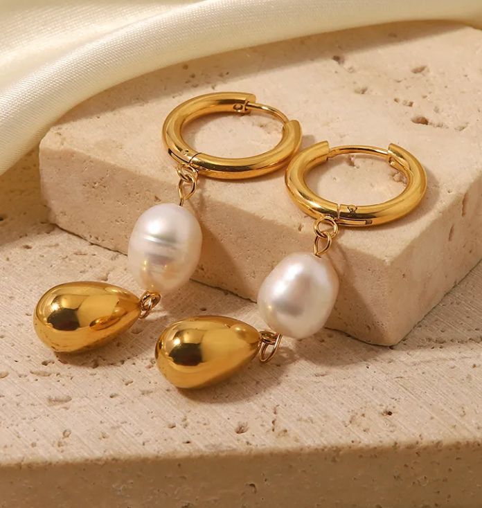 Pearl & Gold Teardrop Huggie Drop Earrings
