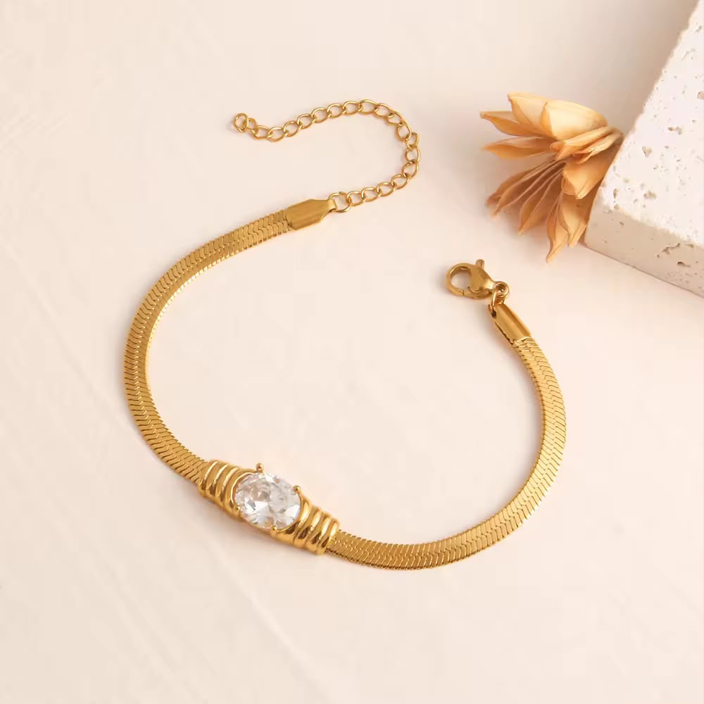 Crystal Solitaire Gold Snake Chain Bracelet