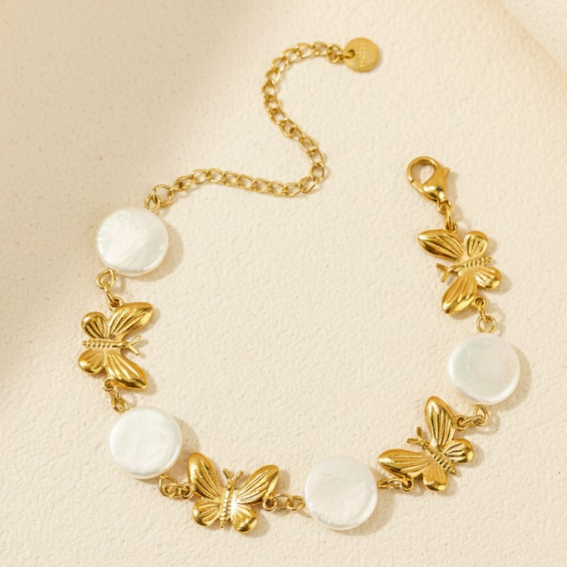 Golden Butterfly & Pearl Charm Bracelet