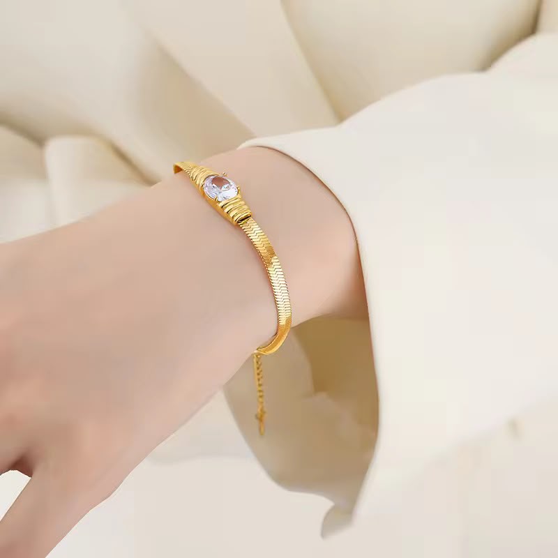 Crystal Solitaire Gold Snake Chain Bracelet
