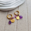 Amethyst & Hammered Gold Coin Huggie Earrings